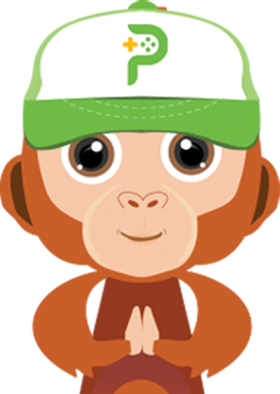 Papon, orangutan bertopi hijau berlogo P, menyapa dengan kedua tangan tertangkup.