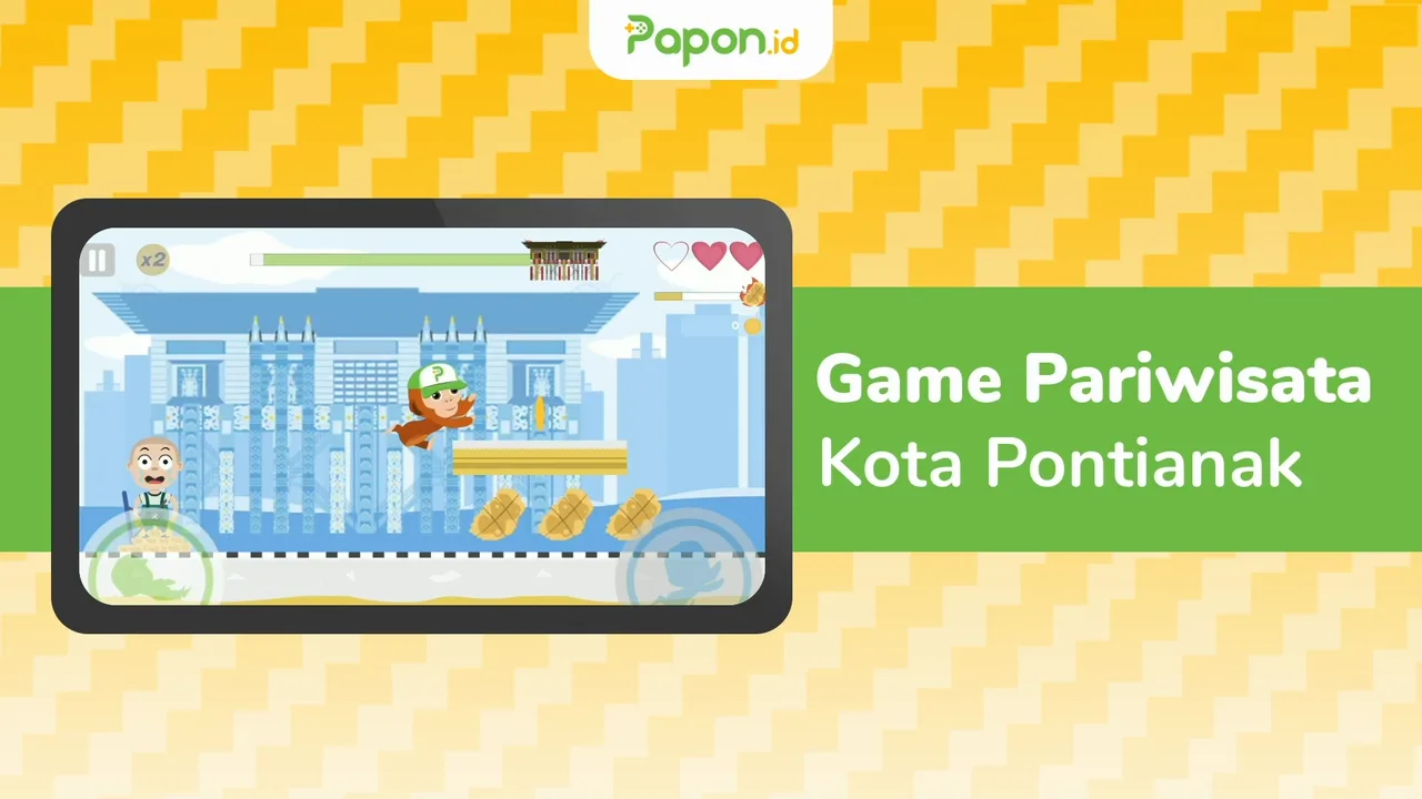 Cuplikan Papon The Explorer: Papon berlari di jalan kota Pontianak sambil mengumpulkan koin.