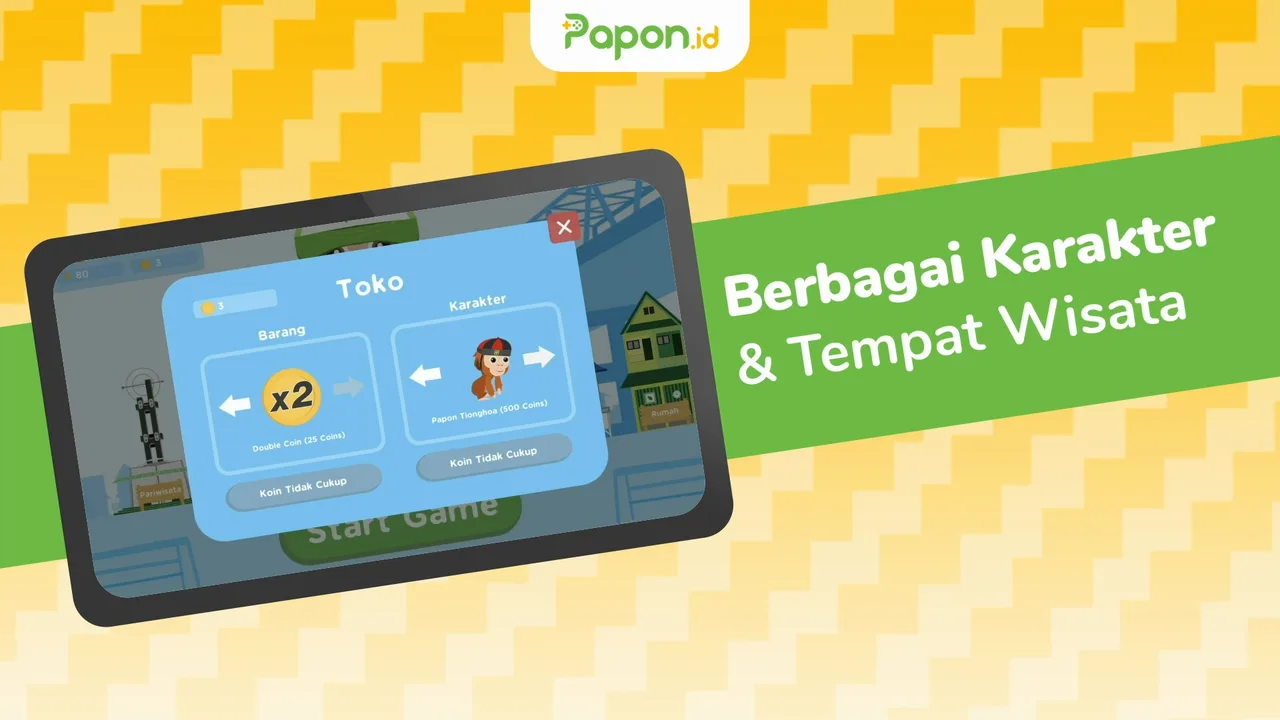 Cuplikan layar toko untuk membeli karakter dan latar tempat wisata.